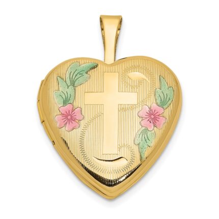 14k Pink and Green Enamel Floral Cross 16mm Heart Locket