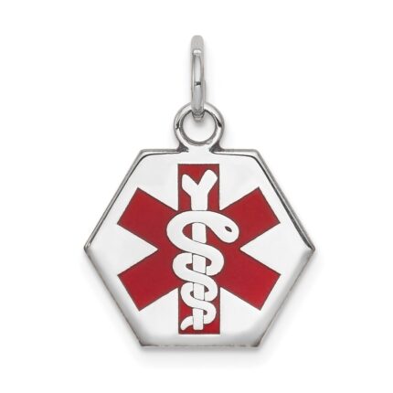 14k White Gold 15mm Hexagon Red Enameled Medical Jewelry Pendant