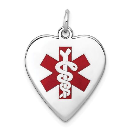 14k White Gold 19mm Heart-Shaped Red Enameled Medical Jewelry Pendant