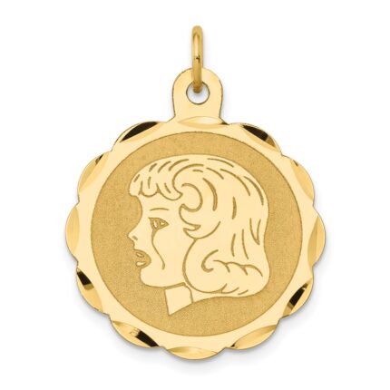 14k Girl Head on .011 Gauge 22mm Engravable Scalloped Disc Charm