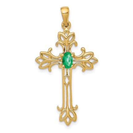 14k 5x3mm Oval Emerald Cross Pendant