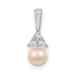 14k White Gold 7-8mm Near Round White Freshwater Cultured Pearl and AA Diamond Pendant