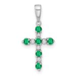 14k White Gold Lab Created Emerald and Diamond Cross Pendant