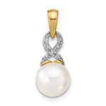 14k 7-8mm Round White Freshwater Cultured Pearl and Diamond Pendant
