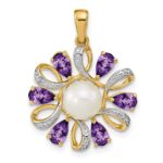 14k 6-7mm Button White Freshwater Cultured Pearl/Pear Amethyst/Diamond Pendant