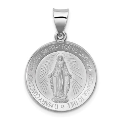 14k White Gold Polished and Satin Hollow Miraculous Medal Round Pendant