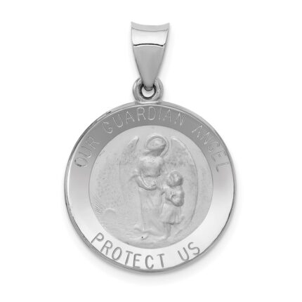 14K White Gold Polished and Satin Hollow Our Guardian Angel Medal Charm