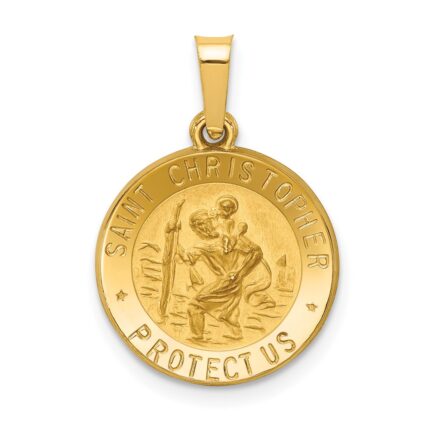 14k Polished and Satin Hollow St. Christopher Medal Pendant
