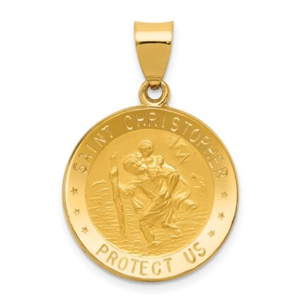 14k Polished and Satin Hollow St. Christopher Medal Round Pendant