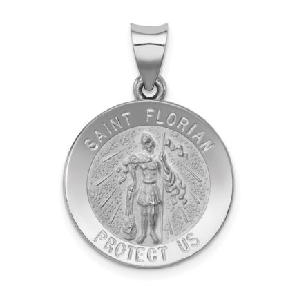 14k White Gold Polished and Satin Hollow St Florian Medal Round Pendant