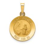 14k Polished and Satin Hollow St Francis Medal Round Pendant