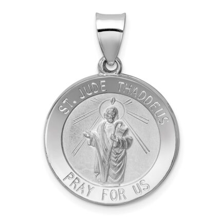 14K White Gold Polished and Satin Hollow St Jude Thaddeus Medal Round Pendant