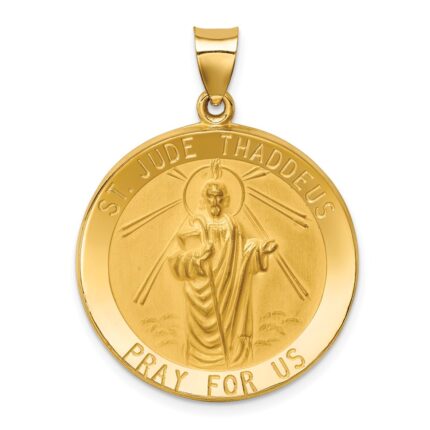 14k Polished and Satin Large Hollow St. Jude Thaddeus Medal Round Pendant