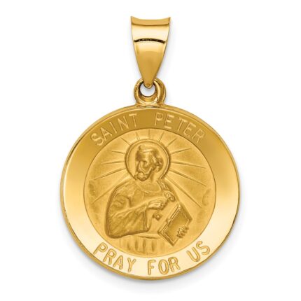14k Polished and Satin Hollow Saint Peter Medal Round Pendant