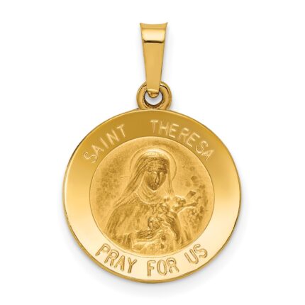 14k Polished and Satin Hollow St Theresa Medal Round Pendant