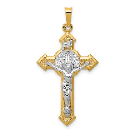 14k and White Rhodium St. Benedict Hollow Medal INRI Crucifix Pendant