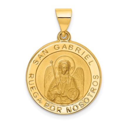 14K Polished and Satin Hollow Spanish San Gabriel Medal Round Pendant