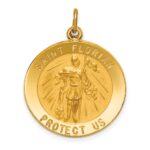 14k Polished and Satin Solid St Florian Medal Round Pendant