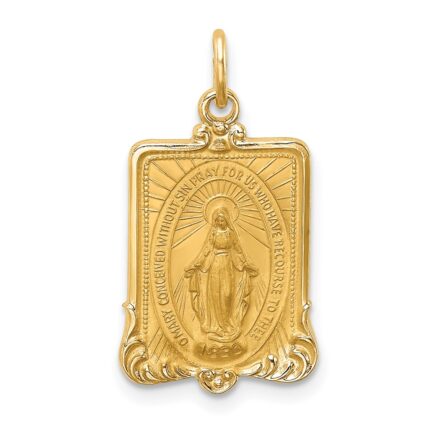 14k Polished and Satin Solid Miraculous Medal Rectangular Pendant