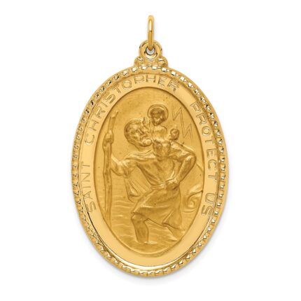 14K Polished and Satin Solid Beaded Edge St. Christopher Medal Oval Pendant