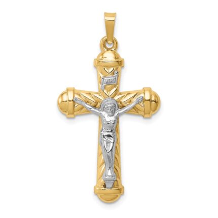 14k Two-tone Hollow Polished Chevron Design Crucifix Pendant