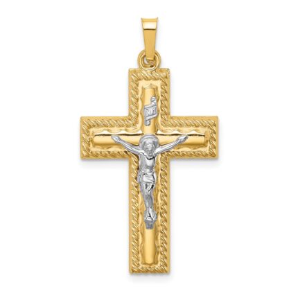 14k Two-tone Hollow Polished Rope Edge Latin Crucifix Pendant