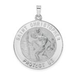 14k White Gold Polished and Satin Solid Saint Christopher Medal Round Pendant