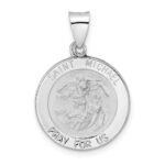 14k White Gold Polished and Satin Hollow St. Michael Medal Round Pendant