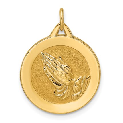 14k Polished and Satin Solid Reversible Praying Hands and Serenity Prayer Disc Pendant