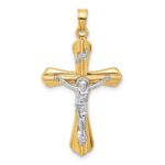 14k Two-Tone Grooved Hollow INRI Crucifix Pendent