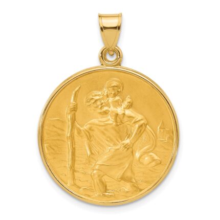 14k Polished and Satin Solid Large St. Christopher Medal Round Pendant
