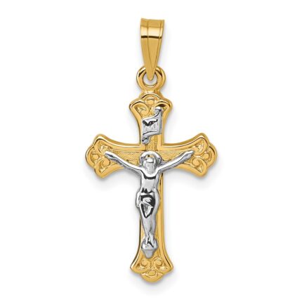 14k with White Rhodium Polished Fleur de Lis INRI Crucifix Cross Pendant