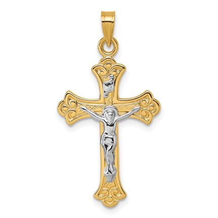 14k with White Rhodium Polished Fleur de Lis INRI Crucifix Cross Pendant