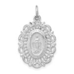14k White Gold Polished and Satin Solid Miraculous Medal Scalloped Edge Oval Pendant