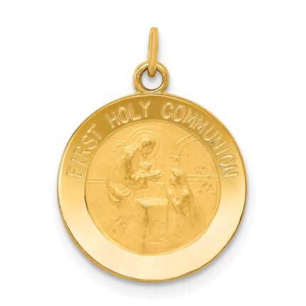 14k Polished and Satin Solid FIRST HOLY COMMUNION Medal Round Pendant