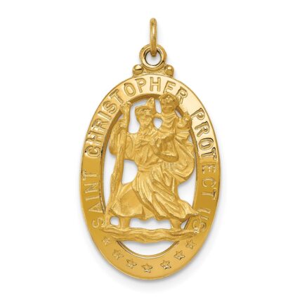 14k Polished and Satin Solid Cut-out Saint Christopher Medal Oval Pendant