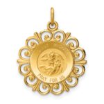 14k Polished and Satin Solid St. Michael Medal Scalloped Edge Round Pendant