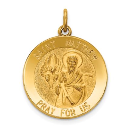 14k Polished and Satin Solid Saint Matthew Medal Round Pendant