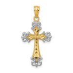 14k and White Rhodium Diamond-cut Fleur de Lis Cross Pendant