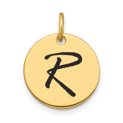 14k Polished Black Enamel Letter R Initial Disk Charm