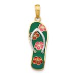 14K and White Rhodium 3-D Enameled Flowers On Green Flip Flop Pendant