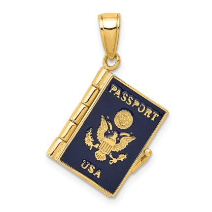 14K Blue Enamel 3-D Passport Opens with One Page Inside Pendant